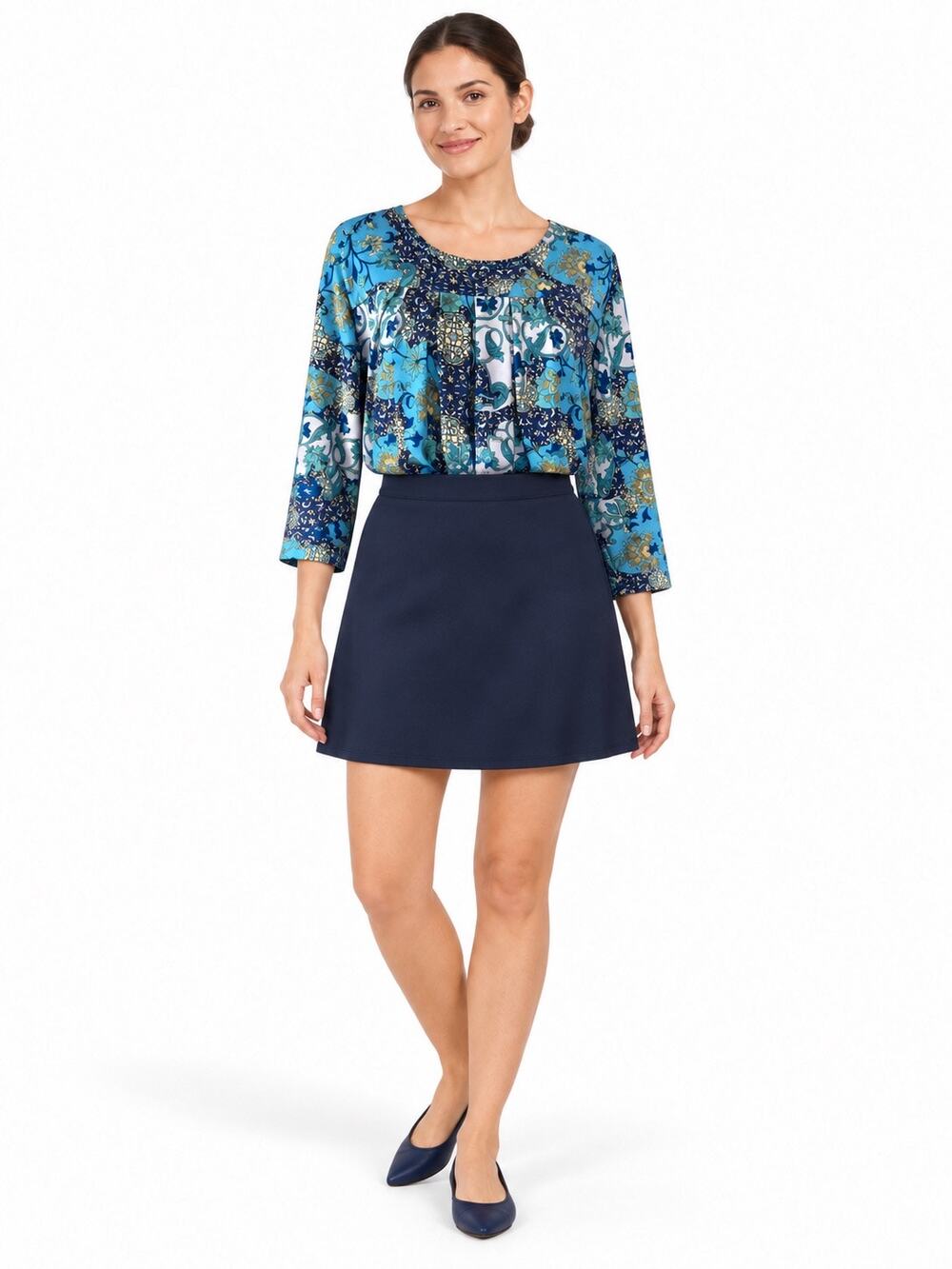 Haband! Retro Blue & White Floral Print 3/4 Sleeve Blouse